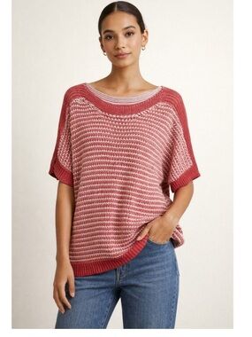 Chico's Nautical Womens M/L Red White Striped Knit Dolman Sleeve Coastal Top